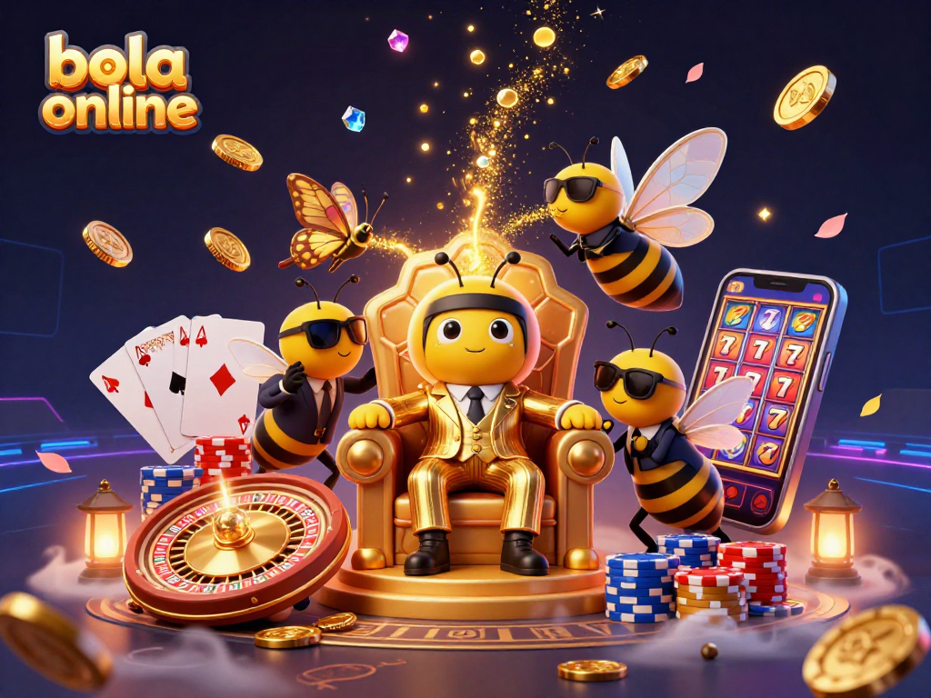 Bola online showcases a vibrant casino scene with a cartoon bumblebee mob boss, roulette wheel, and glowing golden coins.