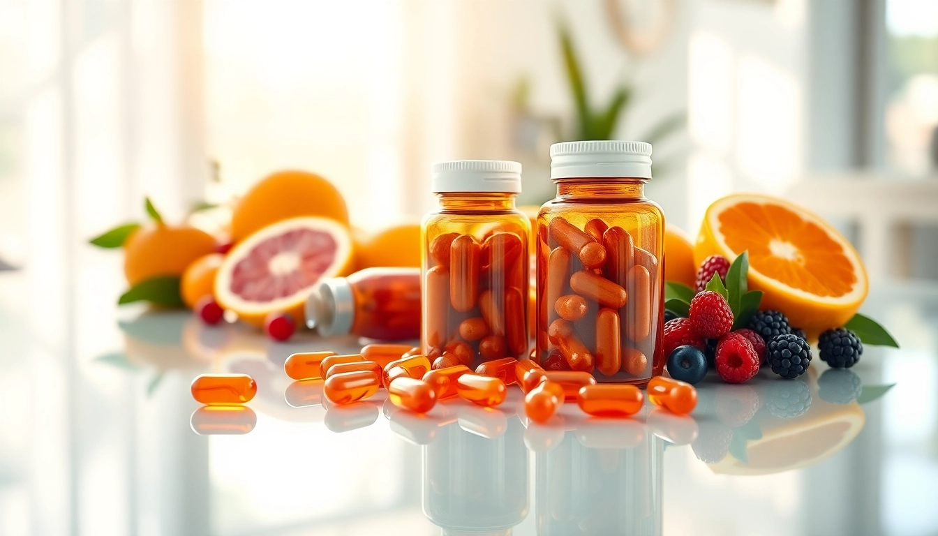 Showcase astaxanthin capsules with fresh fruits on a glass table, highlighting health benefits.