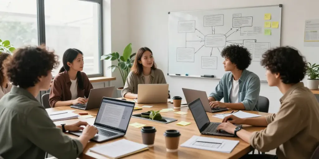 Collaborative workshop using AI tools for article outlines in a bright, modern setting.