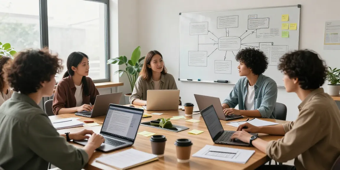 Collaborative workshop using AI tools for article outlines in a bright, modern setting.