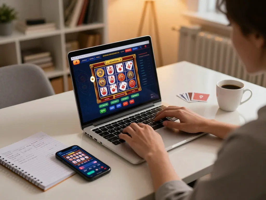Engaging in online casinos in Canada reddit with a person strategizing at home using a laptop and betting notes.