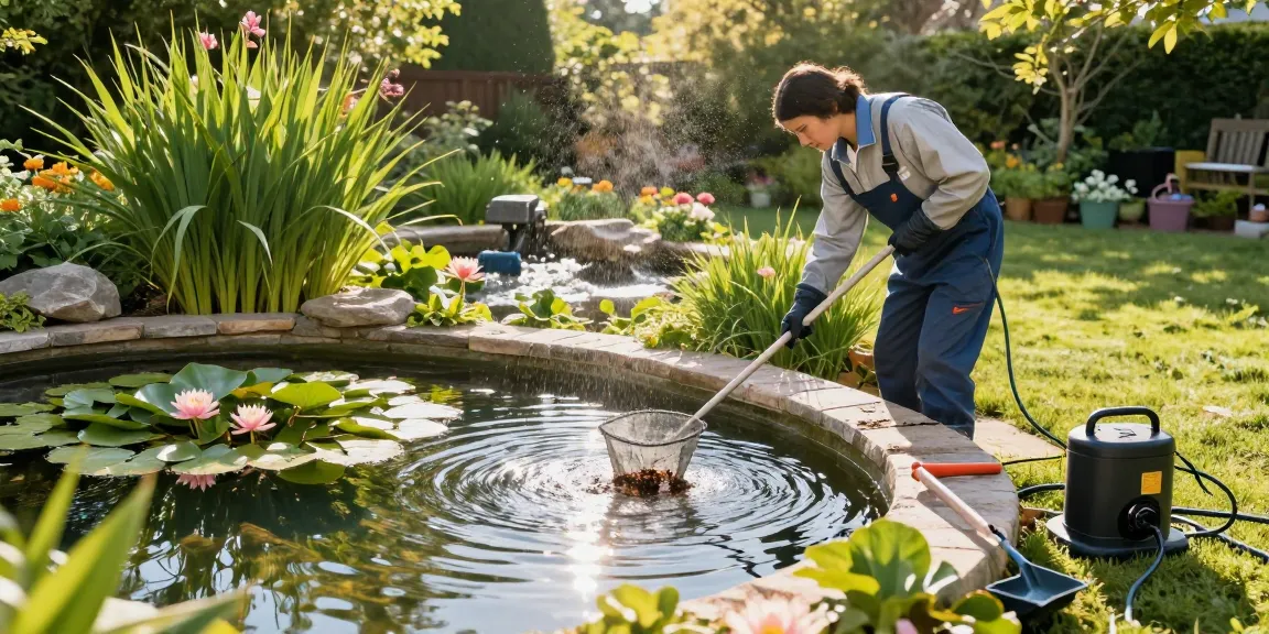 Pond Cleaning London expert examining a vibrant backyard pond, removing debris amidst lush greenery