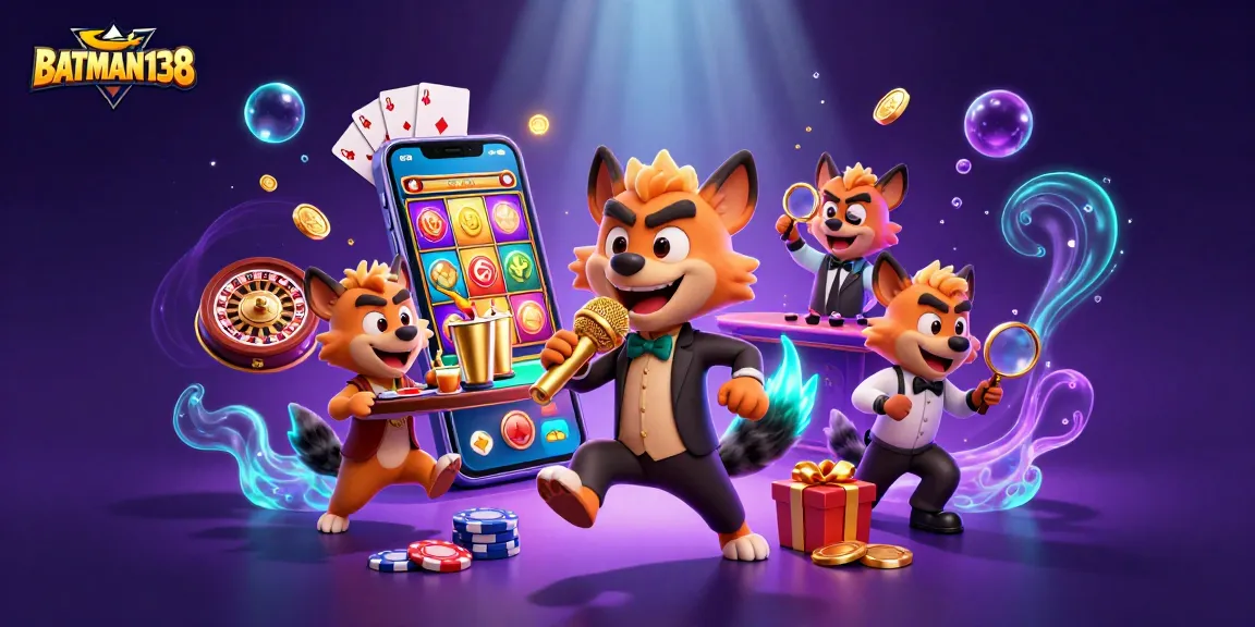 BATMAN138 menghadirkan suasana kasino dengan hyena beraksi, permainan slot, dan berbagai elemen keberuntungan.
