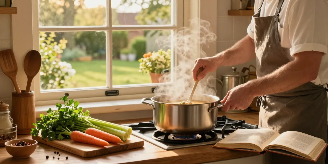 Beruhigende Szene von hausgemachter Klare Suppe, die in einer warmen Küche mit frischen Zutaten zubereitet wird.