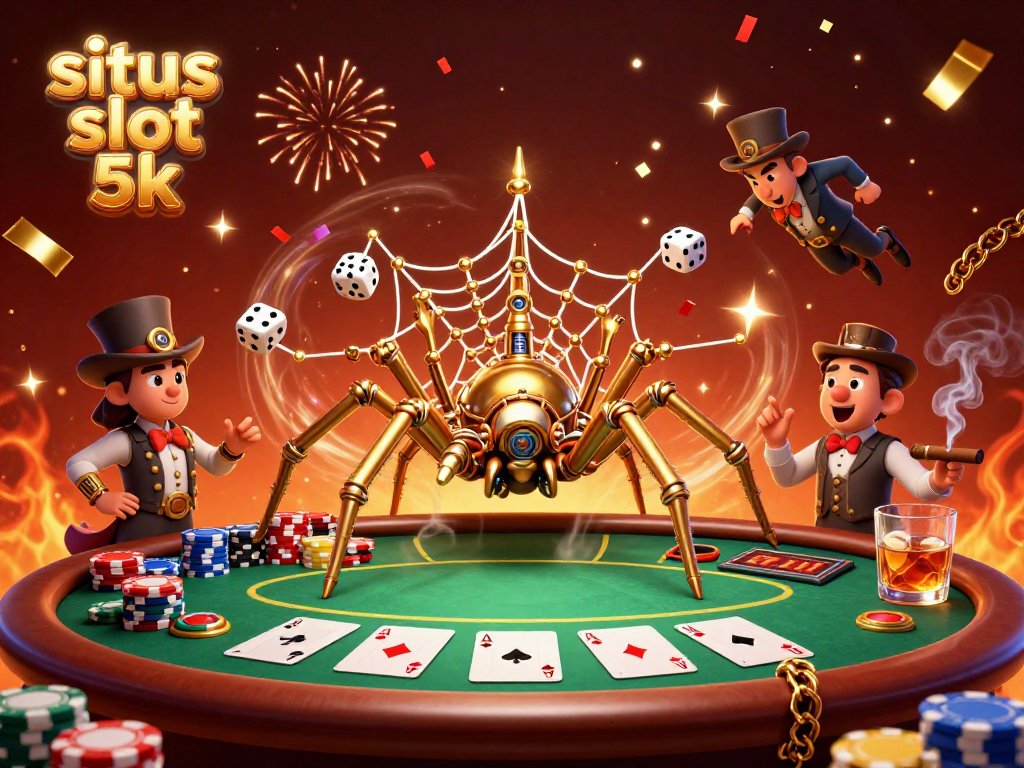 Experience situs slot 5k action with a dynamic scene of a steampunk spider and playful casino elements.