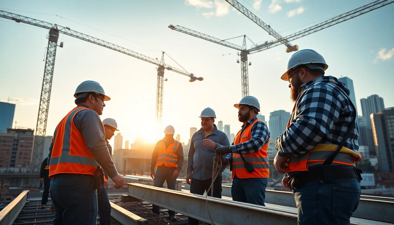 New York General Contractor overseeing a diverse team of workers on a bustling construction site.