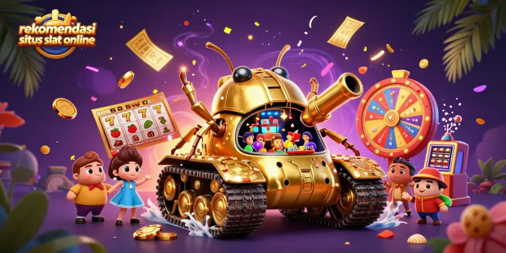 Menampilkan rekomendasi situs slot online dengan slot reel, simbol buah, dan efek koin berkilau.