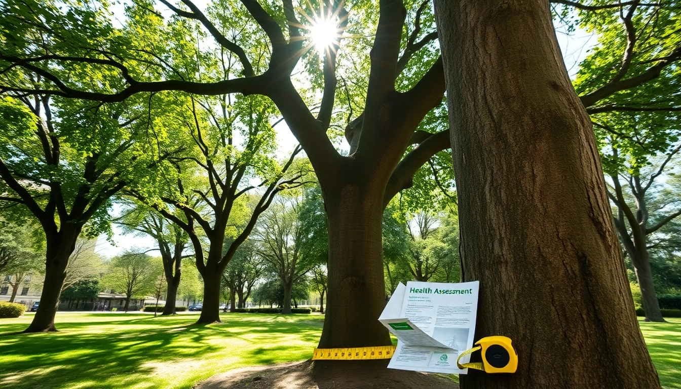 Tree Consultancy expert assessing a tree's health in a vibrant park.