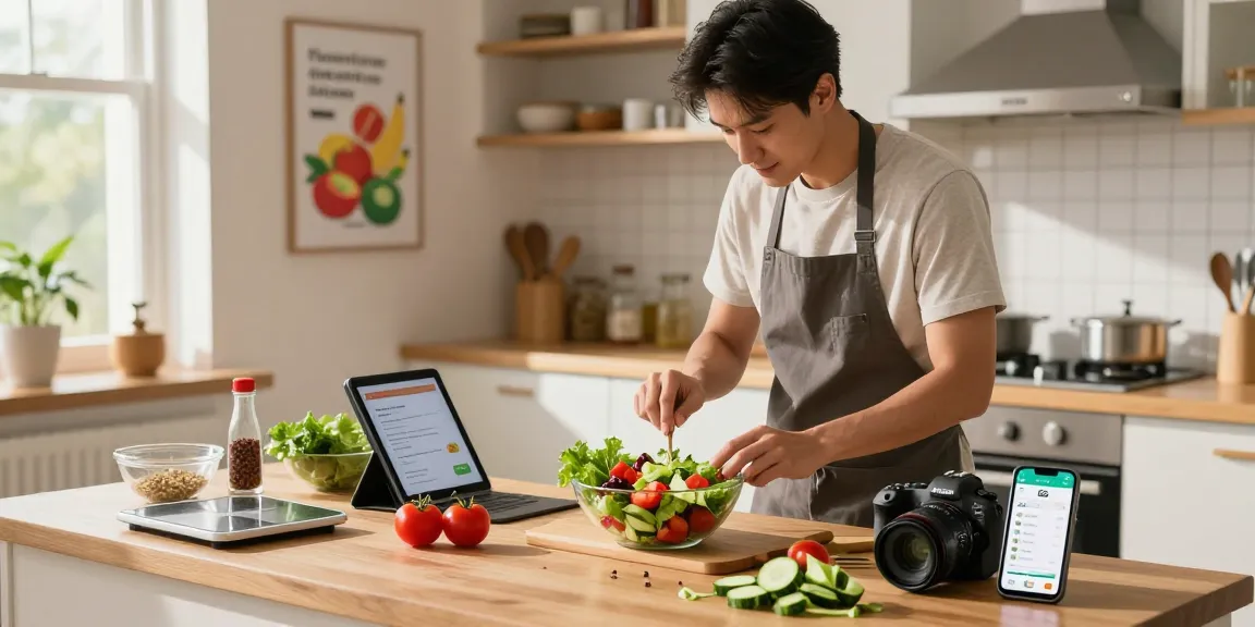 A vibrant kitchen scene showcasing the best food tracking app in use while preparing a healthy salad, emphasizing meal tracking and nutrition.