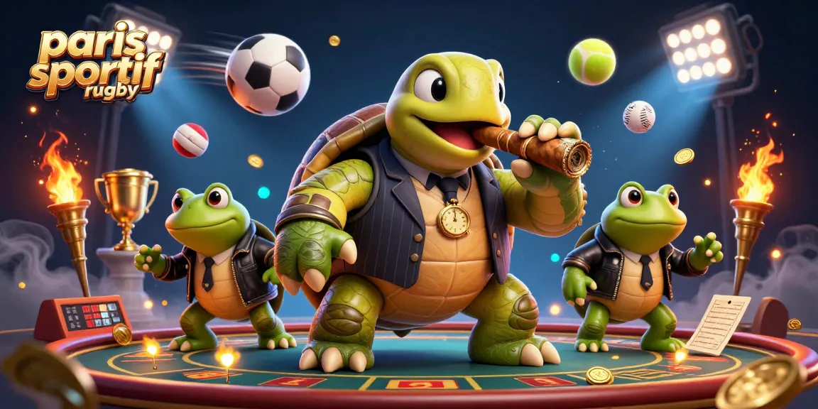 Placez des paris sportif rugby sur un fond dynamique avec une tortue massive et des éléments sportifs.