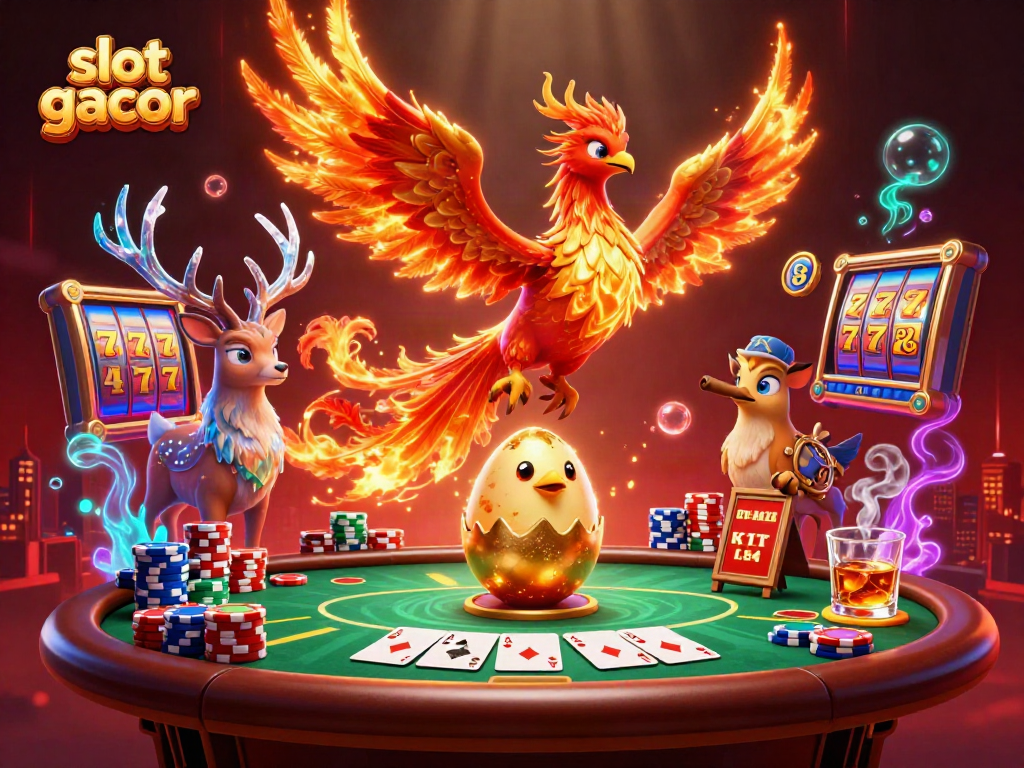 Engage with slot gacor in this vibrant casino scene featuring a fire phoenix and exciting game elements.