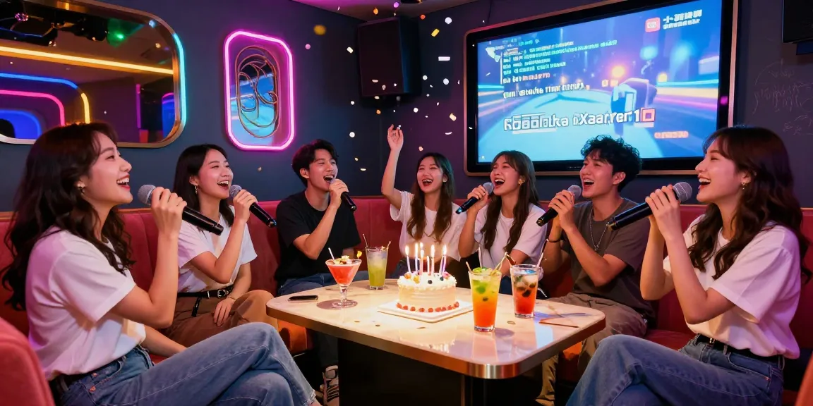 Friends celebrating at a 강남가라오케, enjoying karaoke with drinks and vibrant lights.
