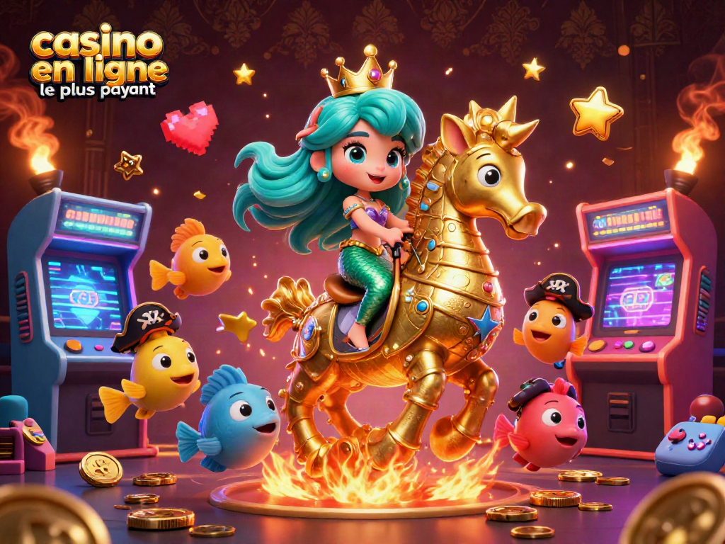 Visualisez le casino en ligne le plus payant avec une princesse sirène et un cheval de mer en or, entourés de jeux colorés.