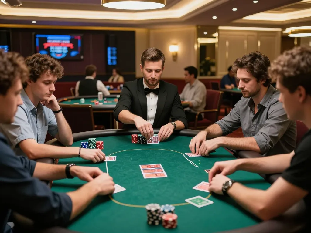 Pemain terlibat dalam permainan idnplay poker yang intens di kasino mewah, menampilkan suasana yang hidup.