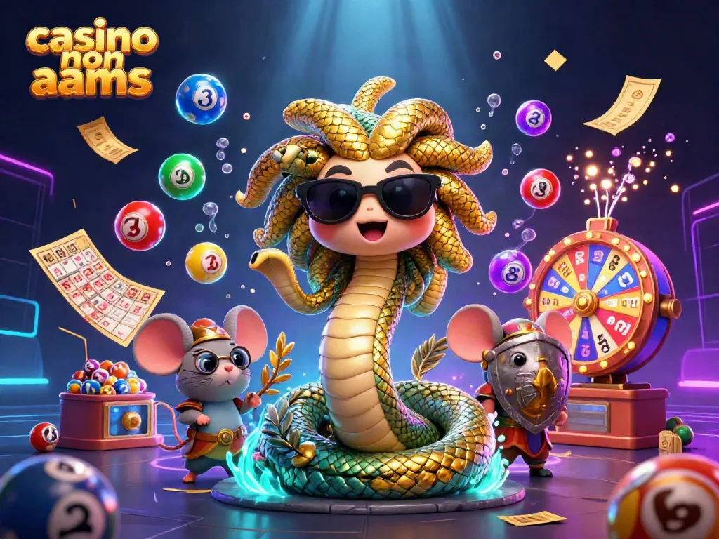Divertiti con casino non aams grazie a Medusa e al guerriero topo in un ambiente festoso con palloni colorati.