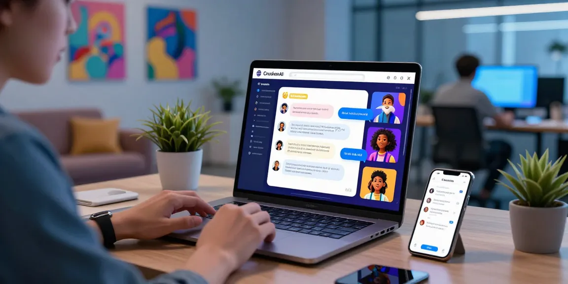 Interactive CrushonAI chat interface in a vibrant digital workspace, highlighting AI character conversations.
