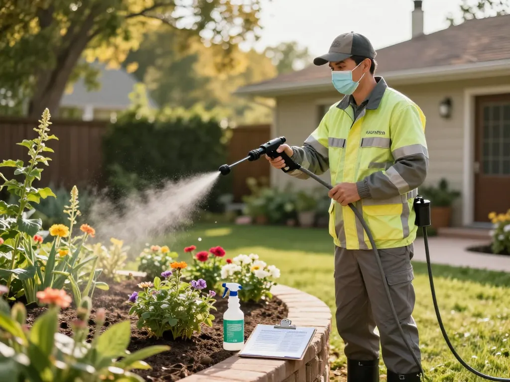 Pest control technician spraying natural insect repellent for effective garden pest control.