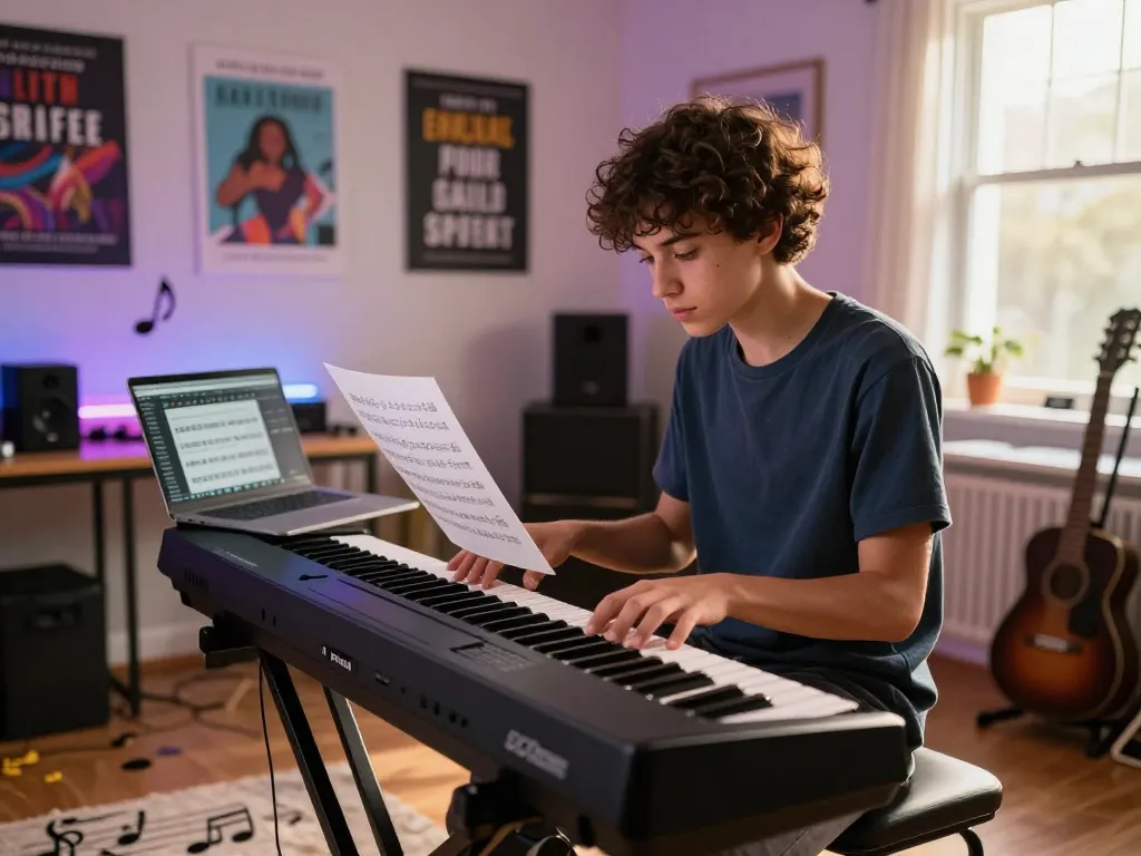 Young musician learning on a go 88 keyboard surrounded by creative elements.