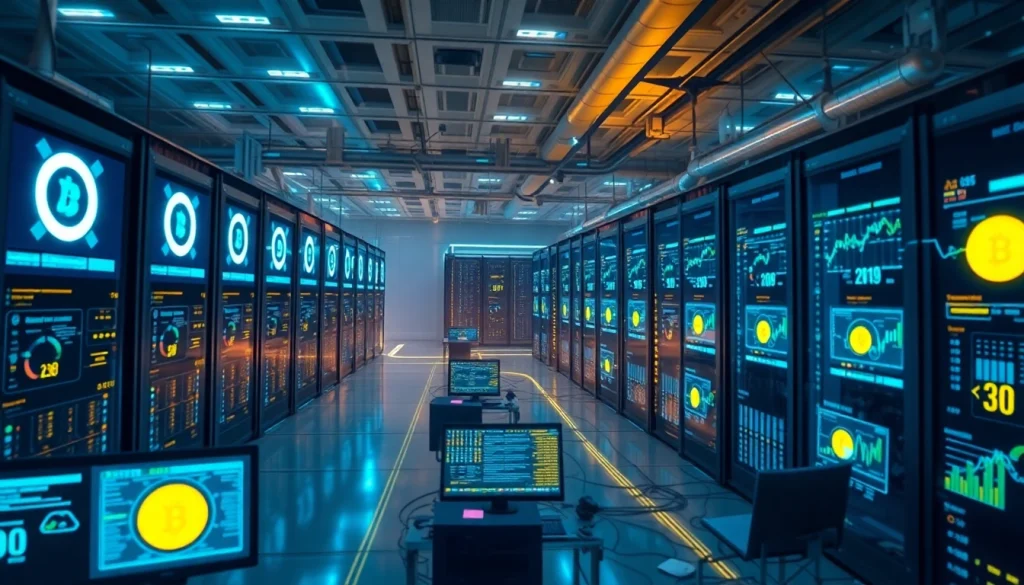 Dogecoin cloud mining scene with digital miners and vibrant cryptocurrency elements.