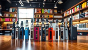 Elfbar Geräte auf einem eleganten Tisch in einem modernen Vape-Shop präsentieren