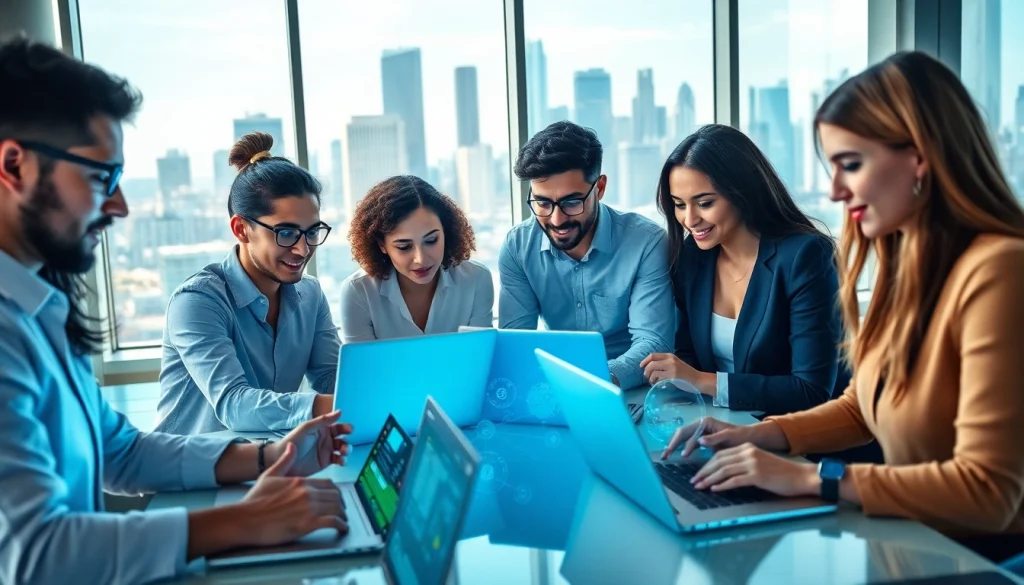 Team members collaborating on technology projects in a modern workspace.