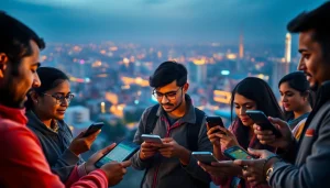 Engaged participants analyzing sports betting in India against a vibrant city backdrop.