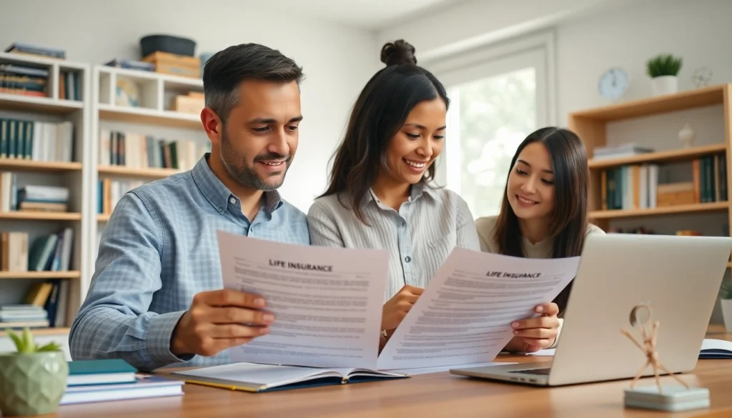Review life insurance documents with a family in a bright home office setting.