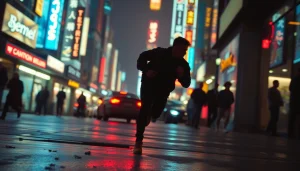 Silhouetted figure representing a fast-paced thriller running through a vibrant city.
