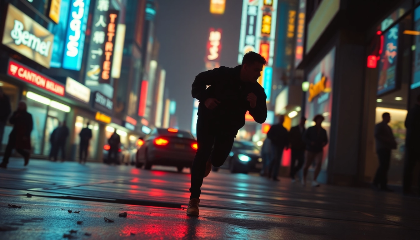 Silhouetted figure representing a fast-paced thriller running through a vibrant city.