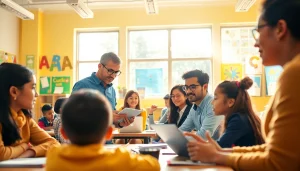 Engaged classroom highlighting interactive Education between diverse students and educators.