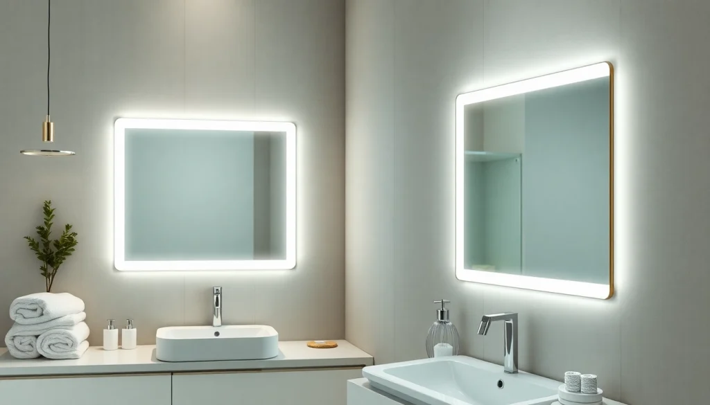 Badspiegelschrank mit LED-Beleuchtung, elegant beleuchtet in modernem Badezimmer.