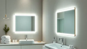 Badspiegelschrank mit LED-Beleuchtung, elegant beleuchtet in modernem Badezimmer.