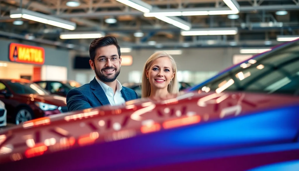 Buy a car with excitement in a dealership showcasing vibrant vehicles.