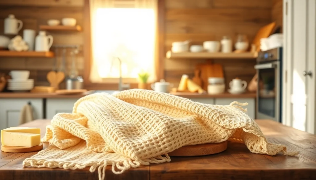 Kaasdoek elegantly displayed on a rustic table surrounded by cheese and dairy products.
