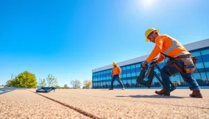 Engaged professionals delivering commercial roofing services with safety gear at a business site.