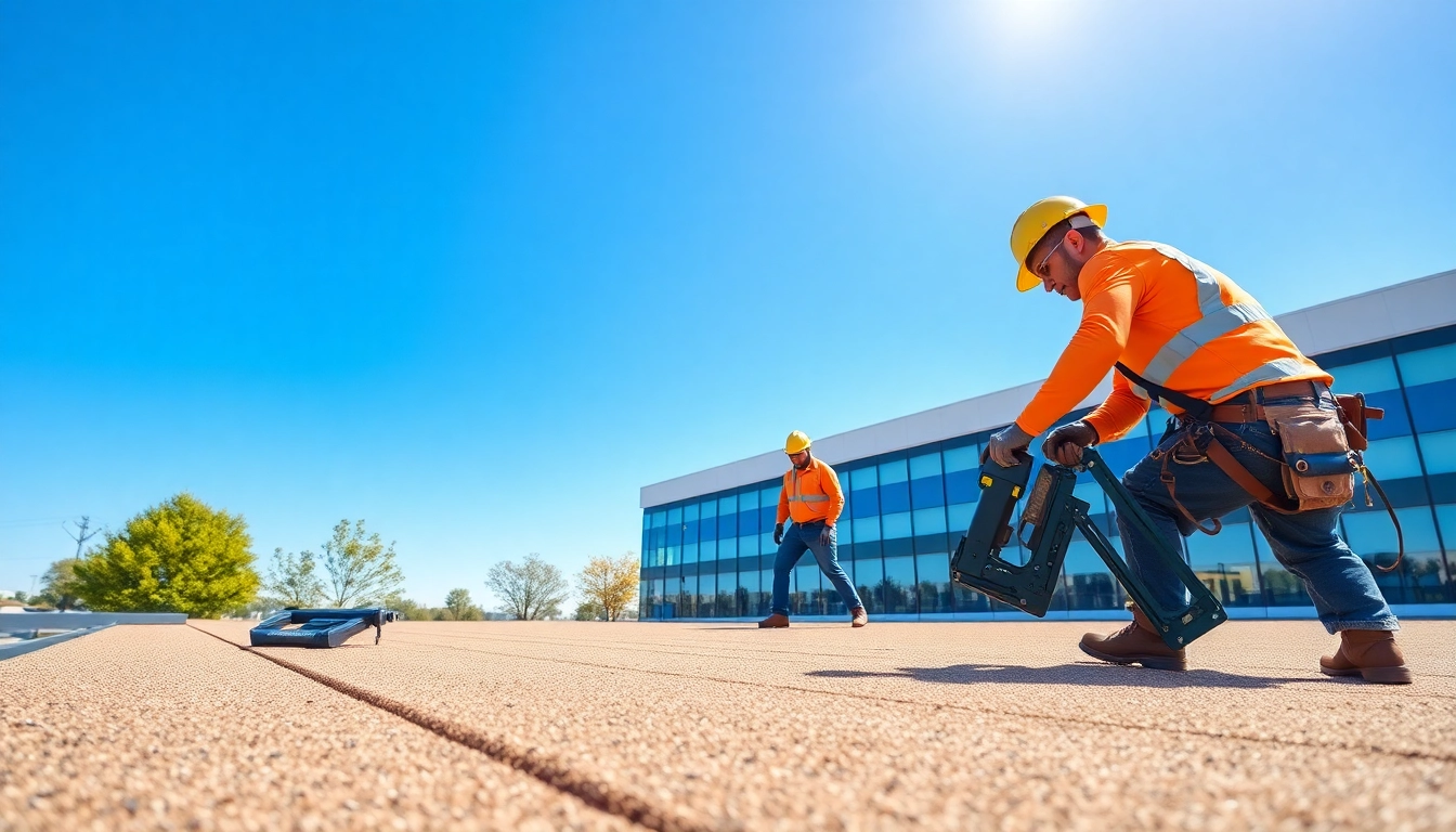 Engaged professionals delivering commercial roofing services with safety gear at a business site.