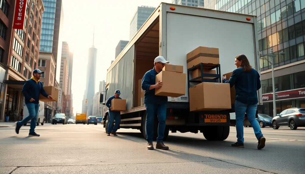 Movers efficiently managing furniture during Toronto moving services in a bustling city setting.
