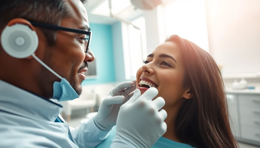 Dentist attentively examining a patient's teeth in a modern clinic setting.
