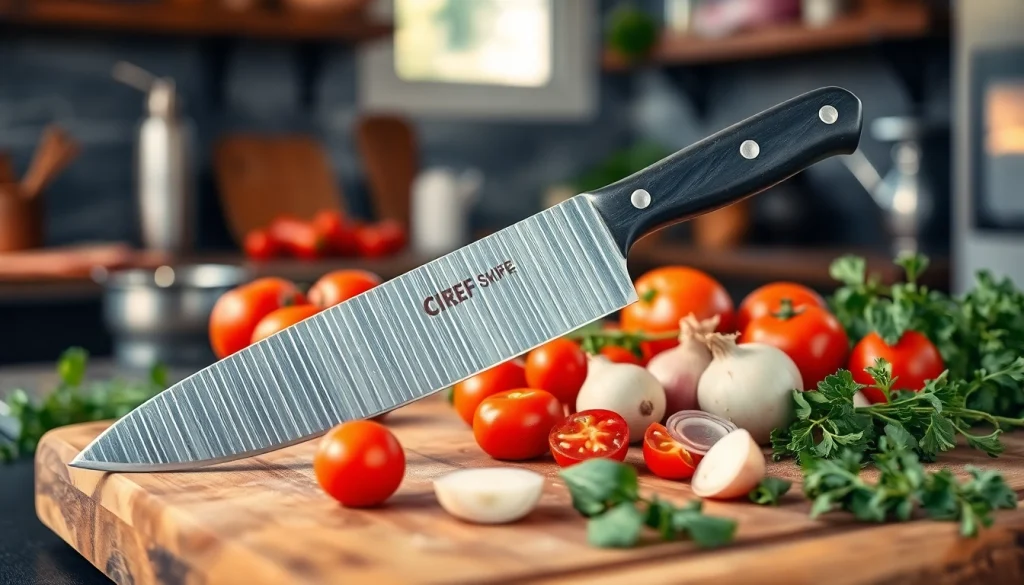 Learn how to choose a chef’s knife through a visually appealing arrangement of a knife and fresh ingredients.
