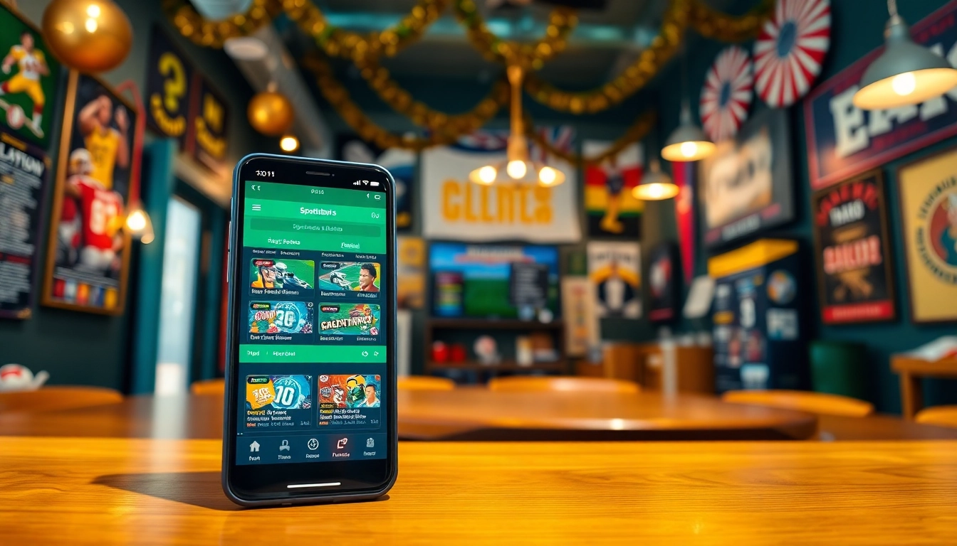 View dynamic sportsbooks in California displayed on a smartphone amidst a festive atmosphere.