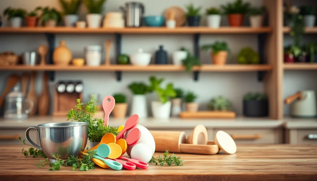 Presenting unique kitchenware gift ideas NZ, including measuring cups and colorful spatulas.