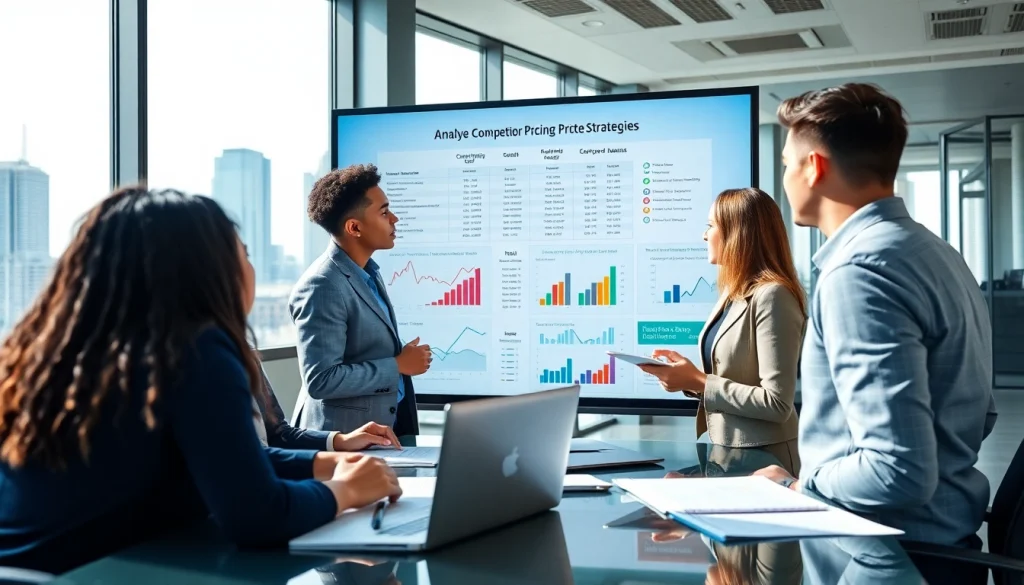Professionals discussing competitor pricing strategies in a modern office setting with engaging visuals.