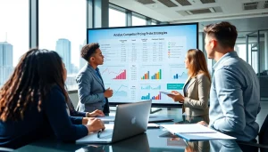 Professionals discussing competitor pricing strategies in a modern office setting with engaging visuals.