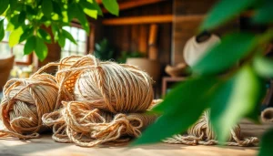 Jute vezels kunstzinnig weergegeven in natuurlijke setting met warme, uitnodigende verlichting.