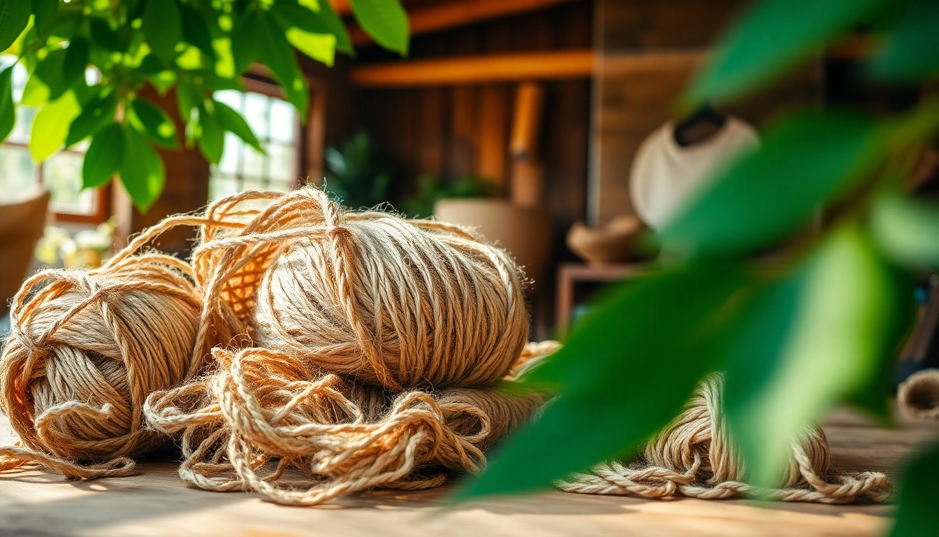 Jute vezels kunstzinnig weergegeven in natuurlijke setting met warme, uitnodigende verlichting.