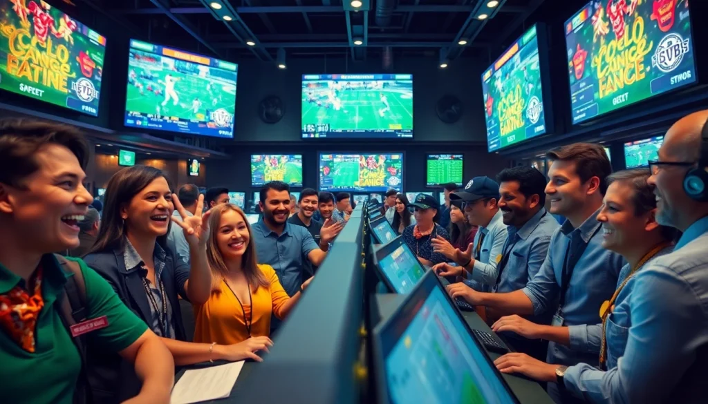 A bustling sportsbook in Oklahoma showcasing enthusiastic bettors interacting with diverse betting options.