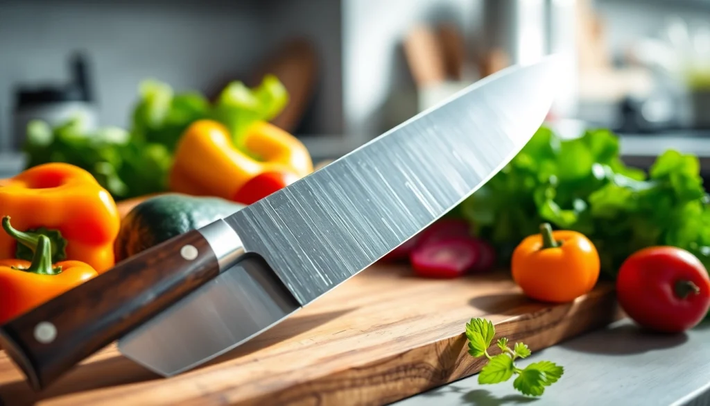 A chef’s knife NZ sharp and ready, surrounded by fresh vegetables on a rustic cutting board.