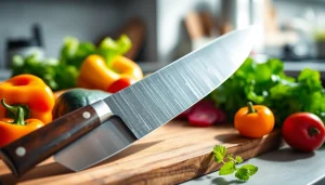 A chef’s knife NZ sharp and ready, surrounded by fresh vegetables on a rustic cutting board.