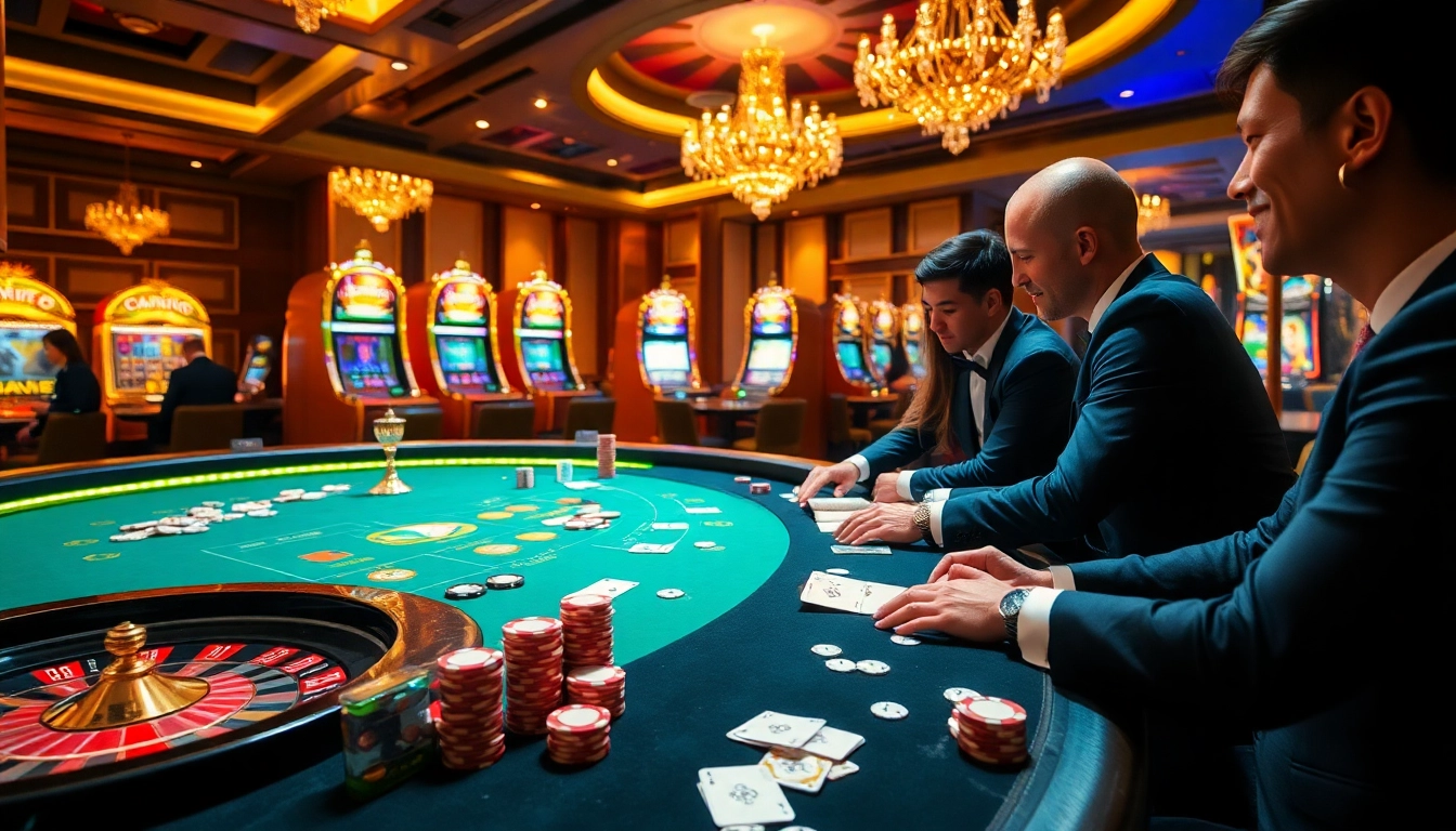 MMOO themed casino scene showcasing vibrant poker table, roulette wheel, and slot machines.