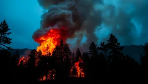 Capture of wildfire events showcasing a forest engulfed in flames, detailing the intense fire and smoke.